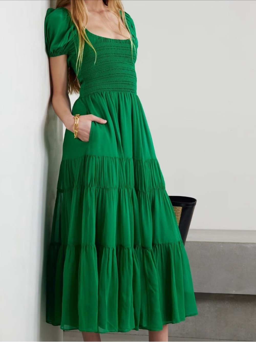 La Ligne Valentina 100% Silk Smocked Tiered Midi/Maxi Dress